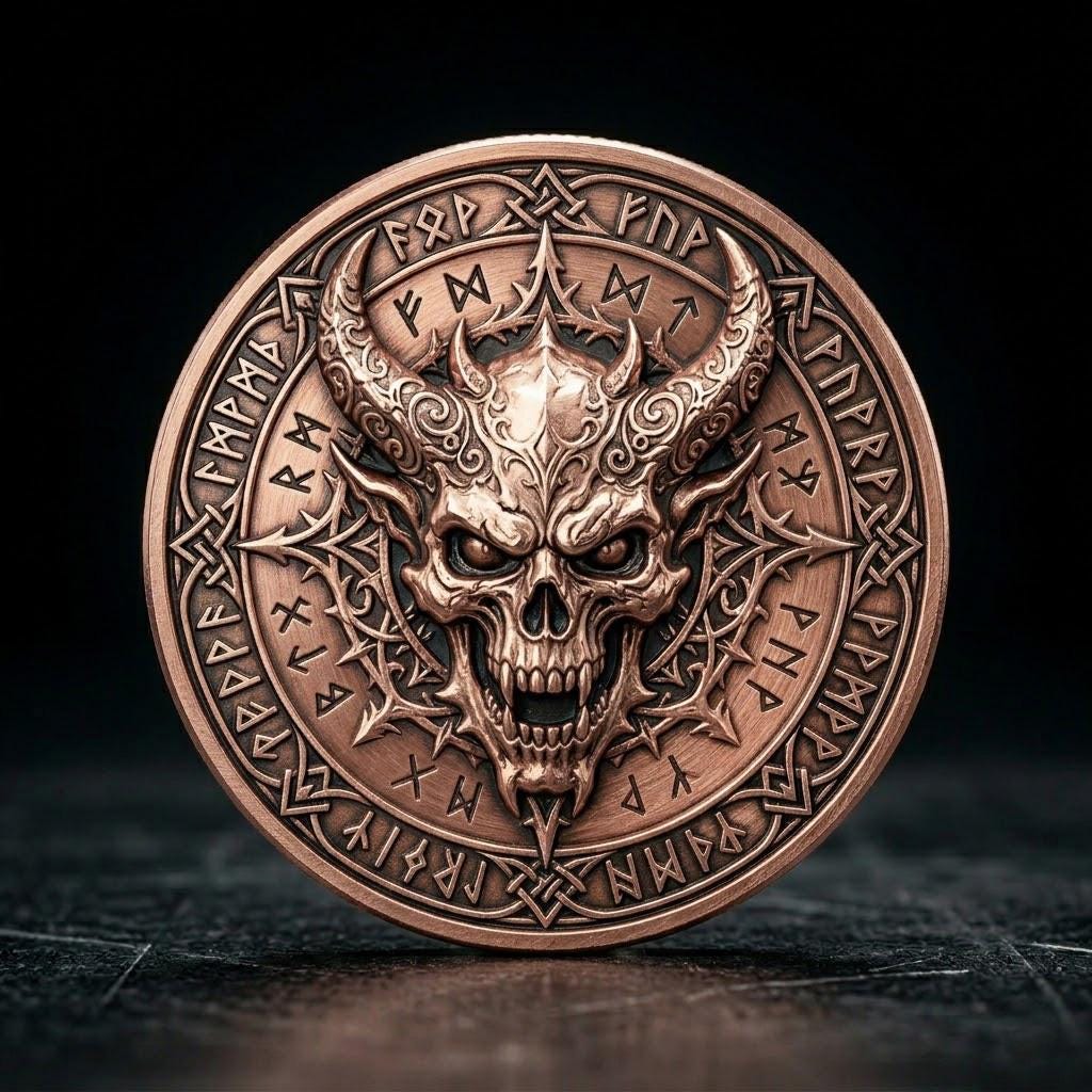 3D Gothic Demon Skull Challenge Coin, Viking Runes Gold Medal, Dark ...