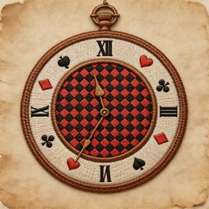 Vintage Pocket Watch Embroidered Patch | Alice in Wonderland Clock Iron On Patch | Playing Card Suits Embroidery Applique