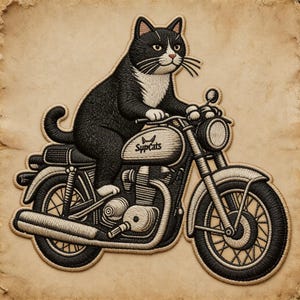 May include: Embroidered patch featuring a black and white cat riding a motorcycle. The motorcycle is detailed with a headlight, wheels, and the text "SypCats" on the gas tank. The patch has a vintage, textured background.