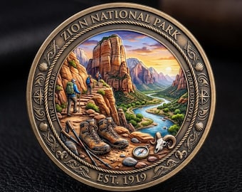 Zion National Park Coin Vintage Hiking Challenge Coin Pocket Token Custom Engraved Souvenir Gift for Hiker Camping Birthday