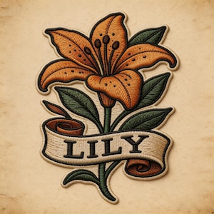 May include: Embroidered patch featuring an orange lily flower with green leaves and stem. A banner below the flower reads "LILY" in black letters. The patch has a vintage, tattoo-inspired design.