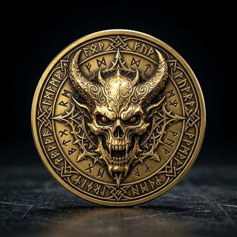 Occult Coin 3D Gothic Demon Skull Challenge Coin, Viking Runes Gold Medal, Dark ...