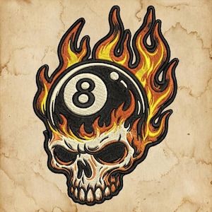 May include: Embroidered patch featuring a skull with a flaming eight-ball design. The skull is white and orange, with black accents. The eight-ball is black with a white number eight. Flames in shades of orange and yellow surround the eight-ball and skull.