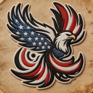 May include: Embroidered patch featuring an American bald eagle with outstretched wings. The design incorporates the colors of the American flag: red, white, and blue, with stars and stripes. The eagle's head is white with a yellow beak.