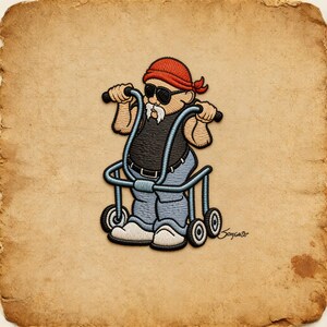 May include: Embroidered patch featuring a cartoon biker with a white mustache, sunglasses, and a red bandana, riding a walker. The biker is wearing a black shirt and blue jeans. The patch is on a textured, tan background.