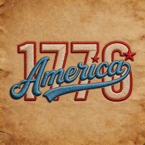 May include: Embroidered design featuring the number "1776" in red and cream, with the word "America" in blue script. The design includes red stars and is set against a textured, tan background.