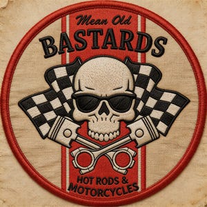 May include: Embroidered patch with a skull wearing sunglasses, crossed pistons, and checkered flags. The patch has the text "Mean Old BASTARDS" and "HOT RODS & MOTORCYCLES" in a red and black design.