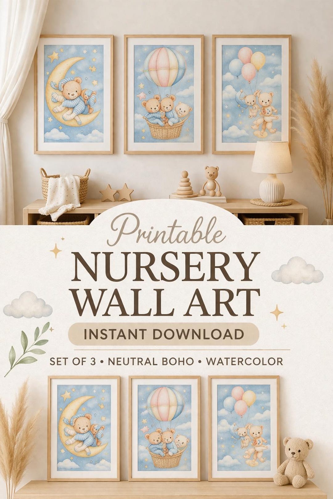 Nursery Wall Art Set of 3 Printable, Baby Room Decor, Pastel Nursery ...