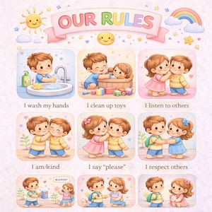 Może przedstawiać: Kolorowy plakat z napisem "OUR RULES" na górze. Plakat zawiera dziewięć ilustrowanych kwadratów z dziećmi demonstrującymi pozytywne zachowania, takie jak mycie rąk, sprzątanie zabawek i szacunek dla innych. Obecne są również słońce i tęcza.