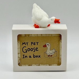 May include: A white goose ornament with orange feet and beak, positioned on a white box. The box features a window with the text "MY PET Goose In a box" and a cartoon goose illustration.