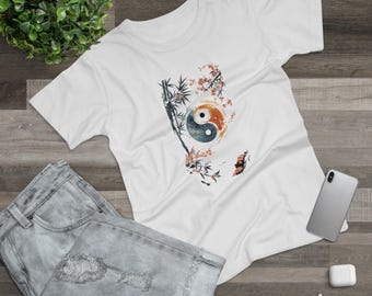 Camiseta Yin Yang de bambú | Símbolo Qigong Zen | Camiseta Zen de bambú con equilibrio floral | Camiseta de yoga con acuarela | Regalo espiritual para amantes de la naturaleza