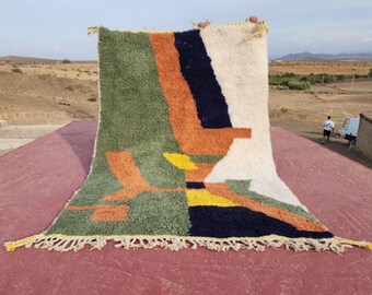 Handmade Berber Wool Rug – Green Emerald Shag, Modern Geometric Carpet