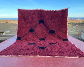 Hand-Knotted Burgundy Beni Ourain Wool Rug, Black Square Accents