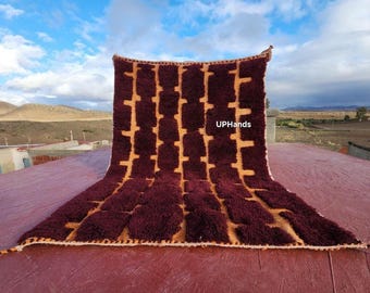 Hand-Knotted Beni Ourain Wool Rug, Burgundy Berber Carpet