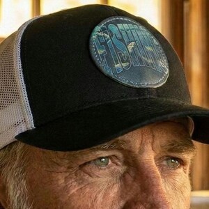 Ocean Fishing Trucker Hat | Vegan Leather Patch, Angler Gift