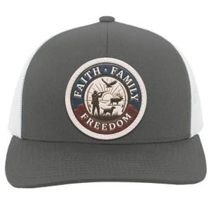 Faith Family Freedom Hunting Hat • Distressed Leather Patch Mesh Back Trucker Cap • Elk Hunter, Bird Hunting, American Patriot Gift for Men
