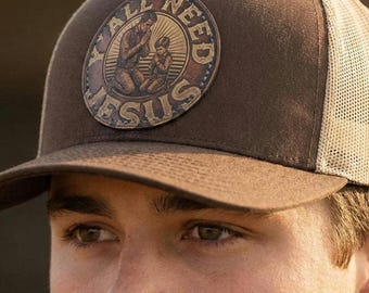 Ronde leren patch | Vader en zoon bidden | Patch met zuidelijke zin | Christelijke truckerspet