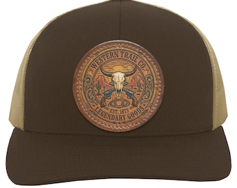 Western Trail Co. Steer Skull-truckerpet, leren Outlaw-lassopet met patch
