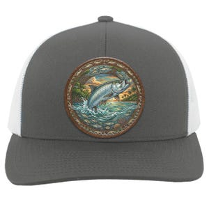 May include: A charcoal gray and white trucker hat featuring a circular patch on the front. The patch displays a colorful illustration of a silver tarpon fish leaping out of ocean waves near a tropical coastline with palm trees and mangroves.
