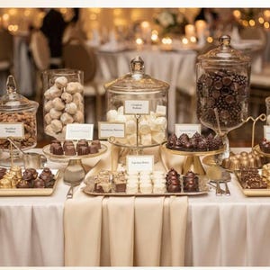 May include: A dessert table with various treats, including chocolates, truffles, and marshmallows. The treats are displayed in glass jars and on trays, with small signs identifying each item. The table is set for an event, with a soft, warm lighting.