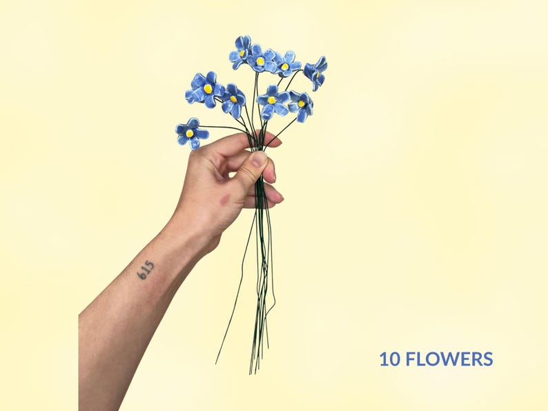 Handgjorda konstgjorda blommor Förgätmigej Keramikblommor – Konstgjord blombukett bild 4