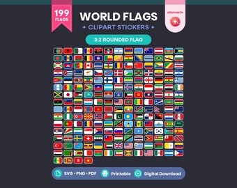 199 Country Flags SVG PNG PDF Bundle | World Flag Cliparts Stickers Printable