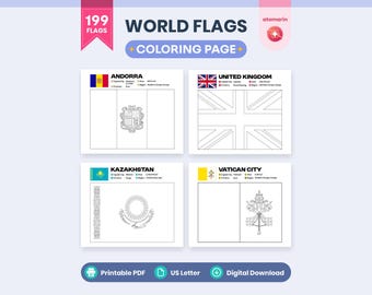World Flags Coloring Pages Printable PDF | 199 Countries, Geography Activity for Kids, Homeschool, & Classroom