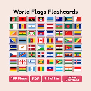 Può includere: Una raccolta di 199 schede didattiche con le bandiere del mondo, ciascuna bandiera è visualizzata all'interno di una cornice rettangolare. Il titolo "World Flags Flashcards" è in alto. Le dimensioni sono 21,59 cm x 27,94 cm. L'immagine include le parole "PDF" e "Download istantaneo".