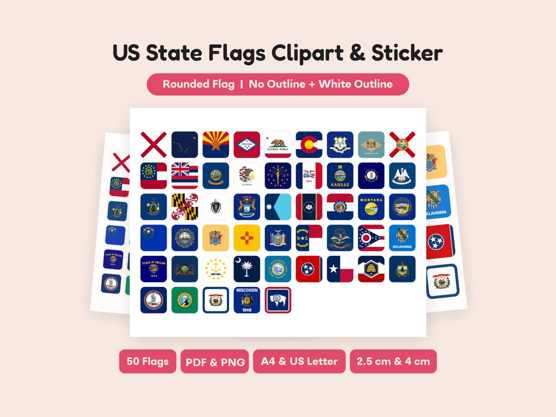 50 US State Flags Clipart Printable Stickers - Rounded Flag (png, Svg ...