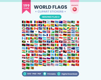 199 Country Flags Clipart Printable Stickers - Waving Flag of the World (SVG, PNG, PDF)