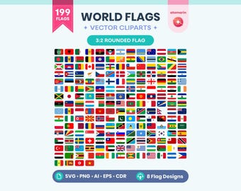 Welt Flaggen SVG PNG Bundle | 199 Länder Flaggen Clipart für Cricut, bedruckbare Aufkleber & Kunsthandwerk