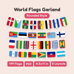 Guirnalda de banderas del mundo imprimible en PDF - Banderines redondos de 199 países - Decoración para el Día Internacional del Aula