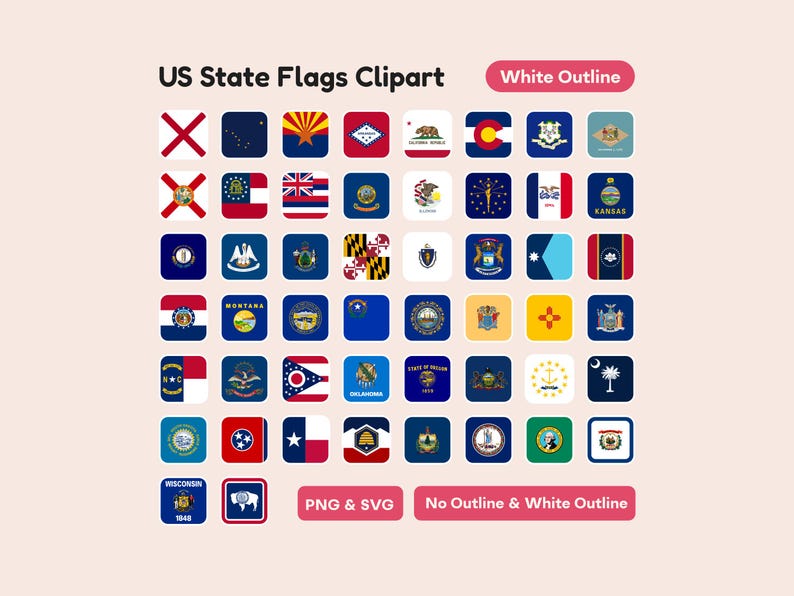 50 US State Flags Clipart Printable Stickers - Rounded Flag (png, Svg ...