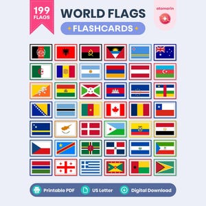 Peut inclure: Un téléchargement numérique de cartes flash avec 199 drapeaux du monde. Chaque drapeau est présenté dans un cadre rectangulaire. Le titre "WORLD FLAGS + FLASHCARDS" est en haut. Le texte "Printable PDF", "US Letter" et "Digital Download" est inclus.