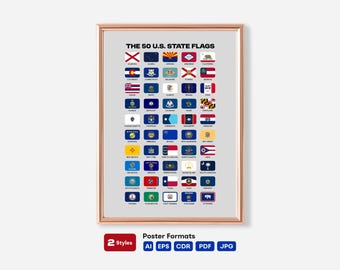 50 US State Poster Printable Bundle | 6 Designs, States with Capital City, Nickname & Year Joined