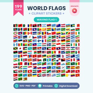 World Flags Clipart SVG PNG PDF | 199 Countries, Waving Flag 1 Stickers, Printable
