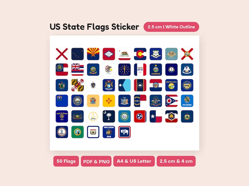 50 US State Flags Clipart Printable Stickers - Rounded Flag (png, Svg ...