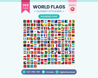 World Flags Clipart SVG PNG PDF | 199 Countries, Rounded Flag Stickers, Printable