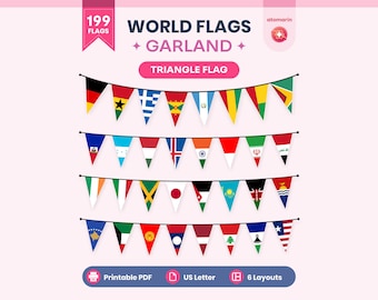 Guirnalda de banderas del mundo imprimible en PDF / Bandera triangular, 199 países, decoración para el aula y fiestas internacionales
