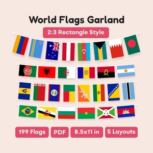 World Flagges Girlande PDF zum ausdrucken - rechteckige Banner Wimpelkette - 199 Länder Geographie Klassenzimmer Dekor & Party