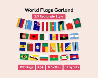 Guirnalda de banderas del mundo imprimible en PDF - Banderines rectangulares - Decoración para aulas y fiestas de geografía de 199 países