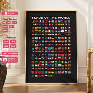 Póster imprimible de banderas del mundo con 199 países / Arte mural de geografía con temática oscura, decoración para el aula