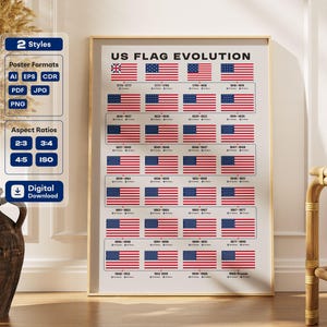 USA Flag Evolution Timeline Poster Printable - American History Chart, Geography Wall Art, Classroom Decor