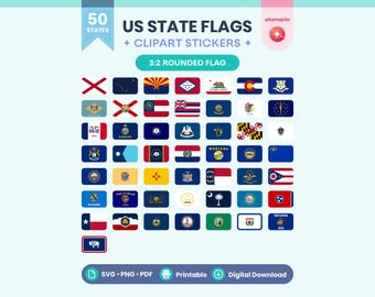 50 US State Flags SVG PNG Bundle, 3:2 Rounded Flag Clipart Printable Stickers