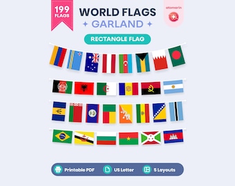 Guirnalda de banderas del mundo imprimible en PDF / Bandera rectangular, 199 países, decoración para el aula y fiestas internacionales