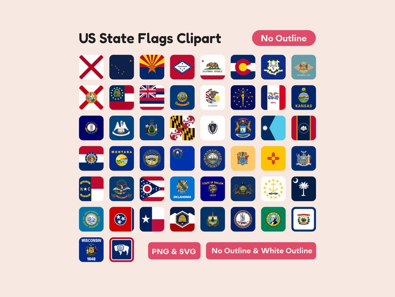 50 US State Flags Clipart Printable Stickers - Rounded Flag (png, Svg ...