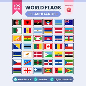World Flags Flashcards Printable PDF | 199 Country Cards, Montessori Geography for Kids, Homeschool, & Classroom
