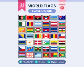 World Flags Flashcards Printable PDF | 199 Country Cards, Montessori Geography for Kids, Homeschool, & Classroom