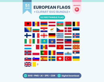 European Flags SVG PNG Clipart Bundle | 51 Countries 7 Flag Designs Vector
