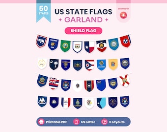 All 50 US State Flags Garland Bundle Printable PDF, 5 Shapes Banner, Classroom Decor